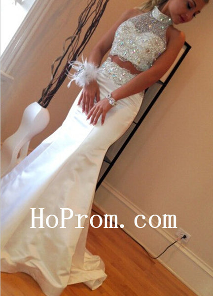 Two Piece Prom Dresses,White Prom Dress,Satin Evening Dress