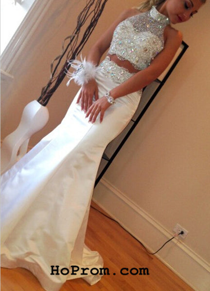 Two Piece Beadings White Mermaid Prom Dresses Prom Dress Evening Dress