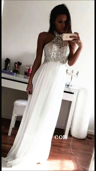 Halter White Prom Dresses,Long Prom Dress,Evening Dresses