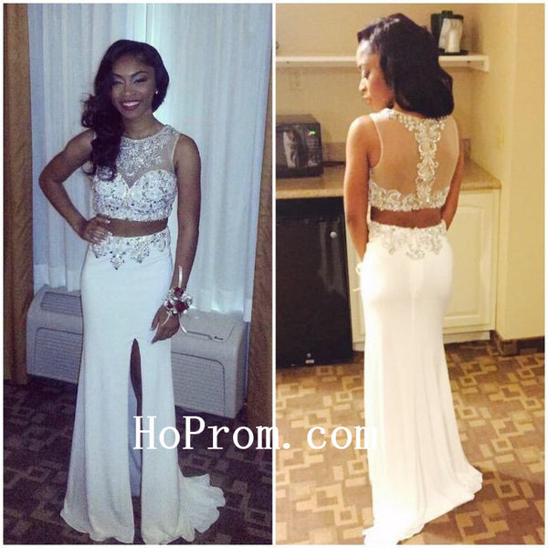 White Slit Prom Dress,Two Piece Prom Dress,White Evening Dress