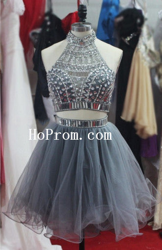 Short Mini Grey Prom Dresses,Two Piece Prom Dress,Evening Dress