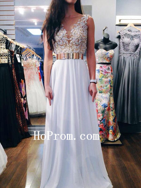 Applique Prom Dresses,White And Gold Prom Dress,Evening Dresses