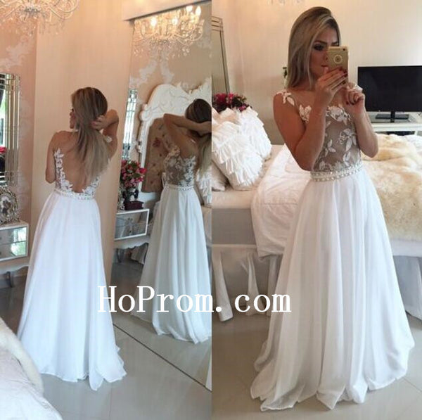 Applique White Prom Dresses,Chiffon Prom Dress,Long Evening Dresses