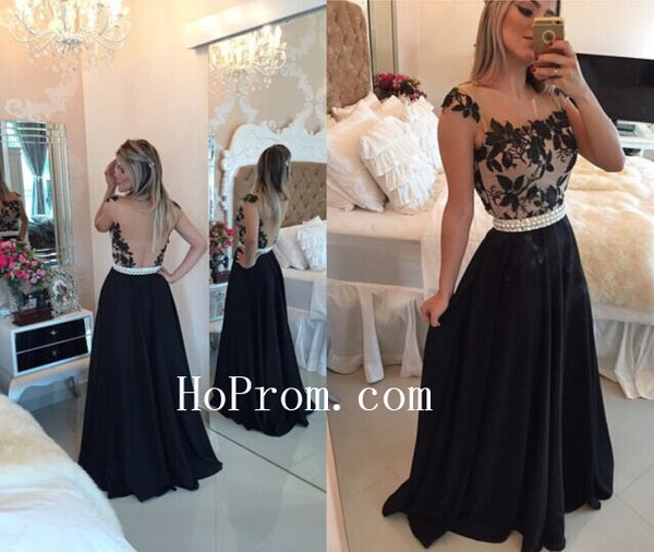 Applique Black Prom Dresses,Chiffon Prom Dress,Long Evening Dresses