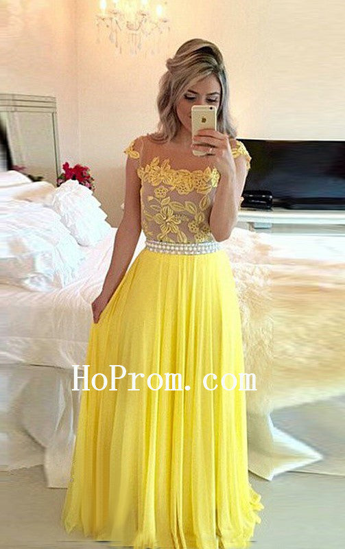 Applique Yellow Prom Dresses,Chiffon Prom Dress,Long Evening Dresses