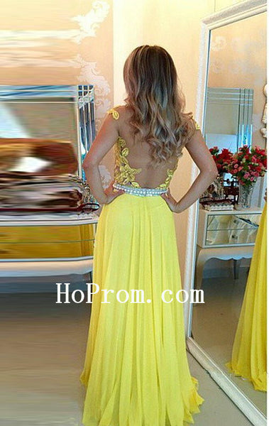 Applique Yellow Prom Dresses,Chiffon Prom Dress,Long Evening Dresses