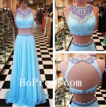 Two Piece Prom Dresses,Backless Prom Dress,Blue Evening Dresses