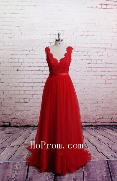 Classic Lace Prom Dresses,Red Prom Dress,Backless Evening Dresses