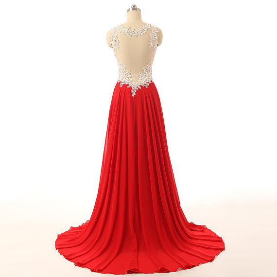Red Backless Prom Dresses Red Prom Gown Lace Evening Gown