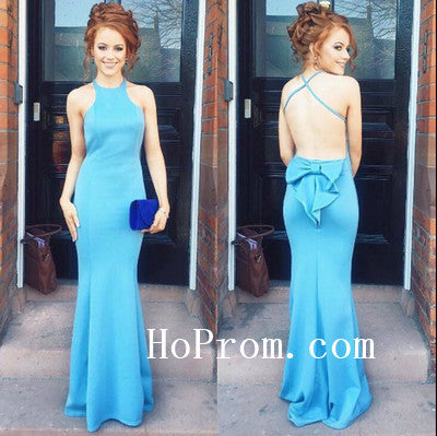 Halter Satin Prom Dresses,Blue Backless Prom Dress,Evening Dress
