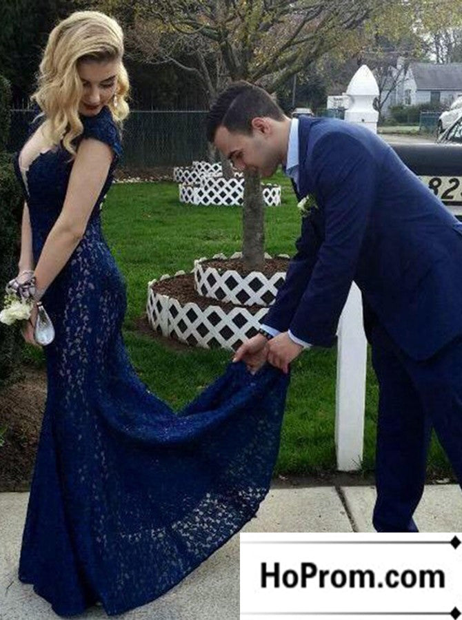 navy blue cap sleeve prom dress Navy Blue Satin Beaded New Style Long Party Dress, Blue Cap Sleeves Prom Dress