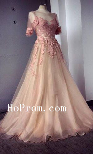 Short Sleeve Prom Dresses,Long Applique Prom Dress,Evening Dress