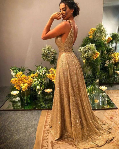 Backless Stunning Golden Sexy Prom Dresses Sweep Train Formal Evening Dress