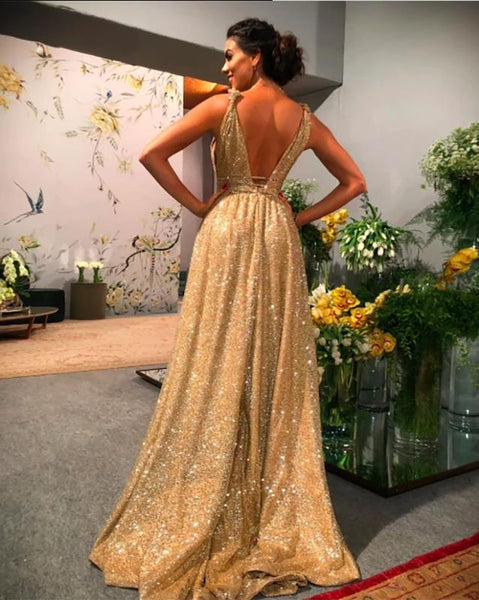 Backless Stunning Golden Sexy Prom Dresses Sweep Train Formal Evening Dress