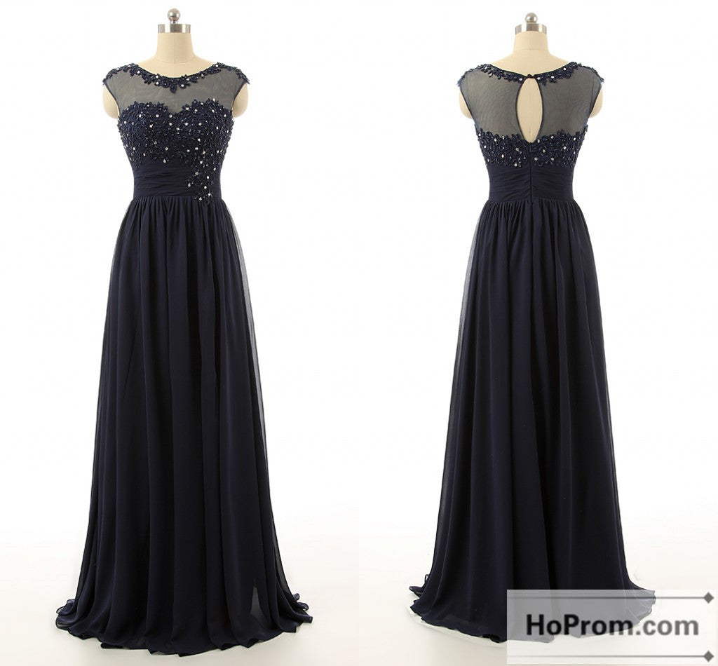 A-Line Black Chiffon Beading Prom Dresses Evening Dresses