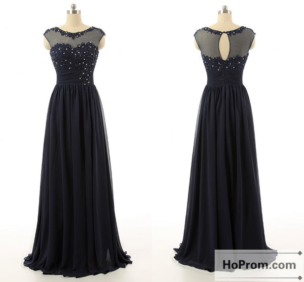 A-Line Black Chiffon Beading Prom Dresses Evening Dresses