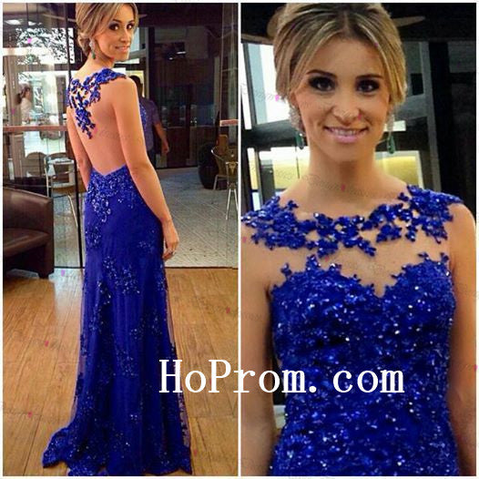 Backless Applique Prom Dresses,Blue Prom Dress,Evening Dress
