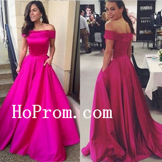 Pink Satin Prom Dresses,Off Shoulder Prom Dress,Evening Dress