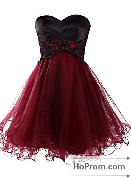Black Applique Burgundy Tulle Prom Dresses Homecoming Dresses