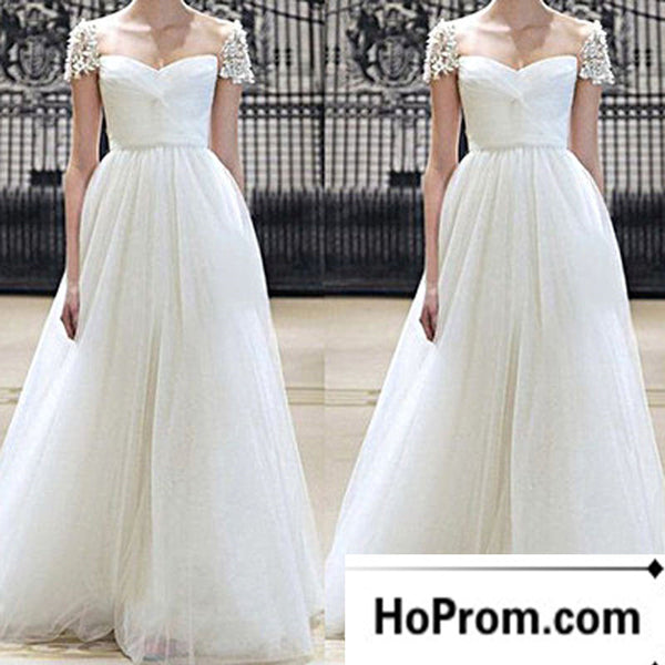 A-Line White Cap Sleeve Prom Dress Evening Dresses