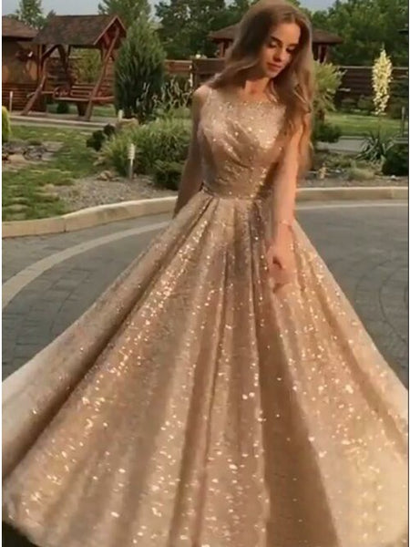 Champagne Open Back Stunning Prom Dresses A Line Sequin Formal Evening Dress