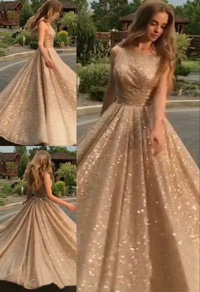 Champagne Open Back Stunning Prom Dresses A Line Sequin Formal Evening Dress