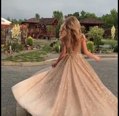 Champagne Open Back Stunning Prom Dresses A Line Sequin Formal Evening Dress