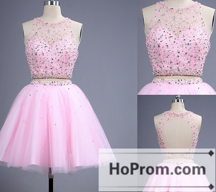 Two Piece Backless Pink Beading Prom Dresses Homecoming Dresses