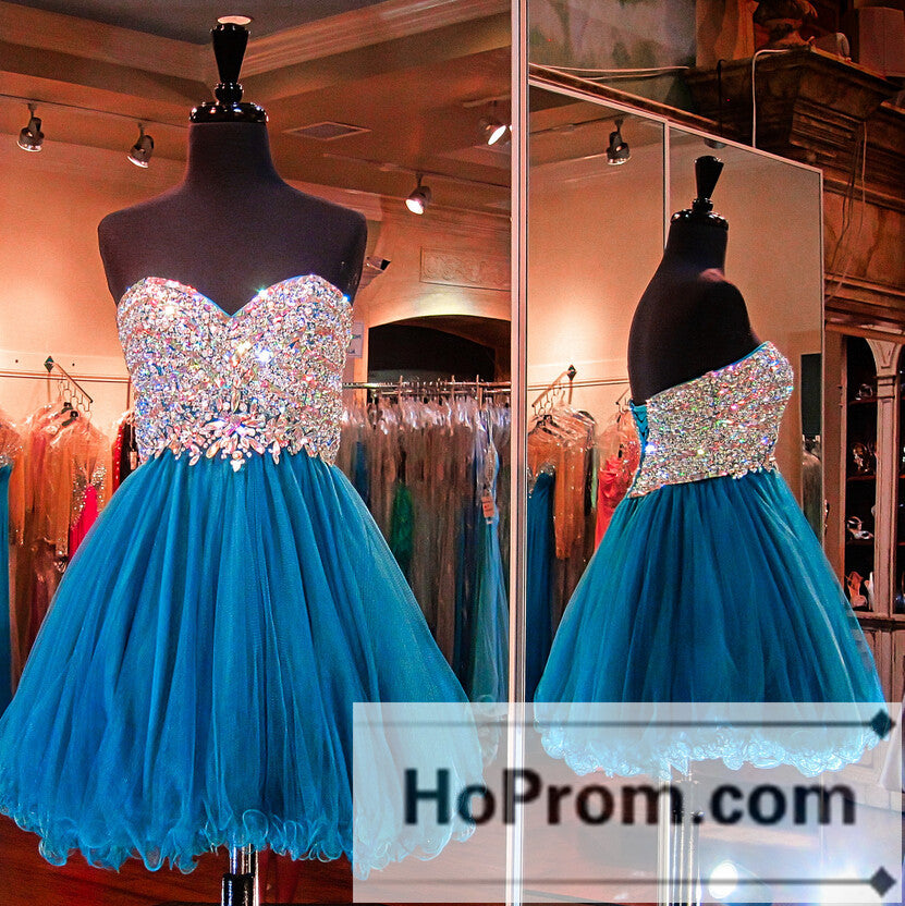 Blue Short Tulle Crystals Prom Dresses Homecoming Dresses