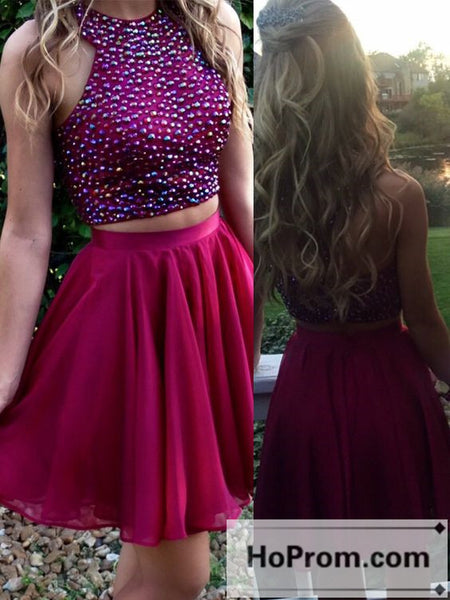 A-Line Purple Two Piece Prom Dresses Homecoming Dresses