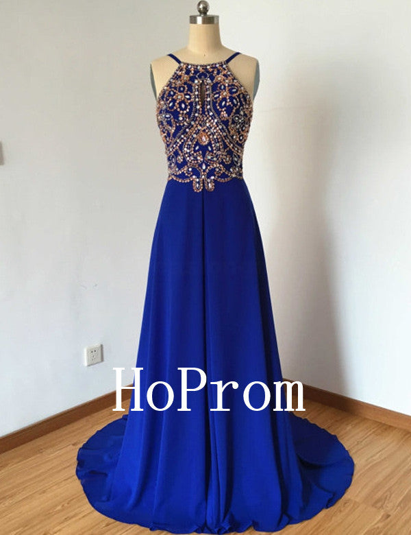 Popular Blue Prom Dress Halter Prom Dresses Evening Dress