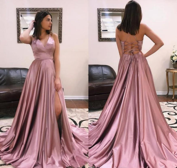 Cross Back Sweep Train Sexy Prom Dresses Modest V Neck Formal Evening Dress
