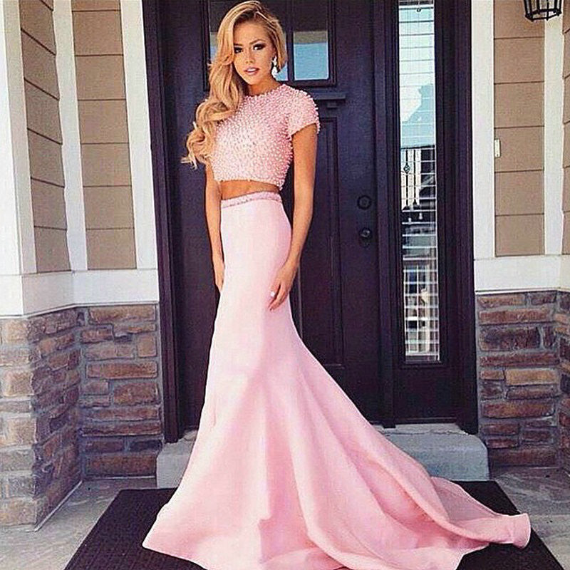 Pink Beading Prom Dresses,Short Sleeve Prom Dress,Evening Dress
