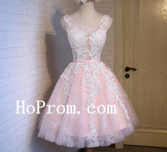 Short Pink Prom Dresses,White Applique Prom Dress,Long Evening Dress