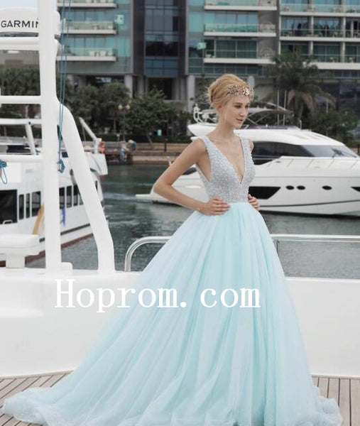 V-Neck Beaded Prom Dresses,Backless Prom Dress,Evening Dress