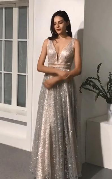 Elegant Deep V Neck Sexy Stunning Prom Dresses Bling Evening Formal Dresses