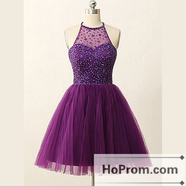 Halter Short Illusion Back Purple Prom Dresses Homecoming Dresses