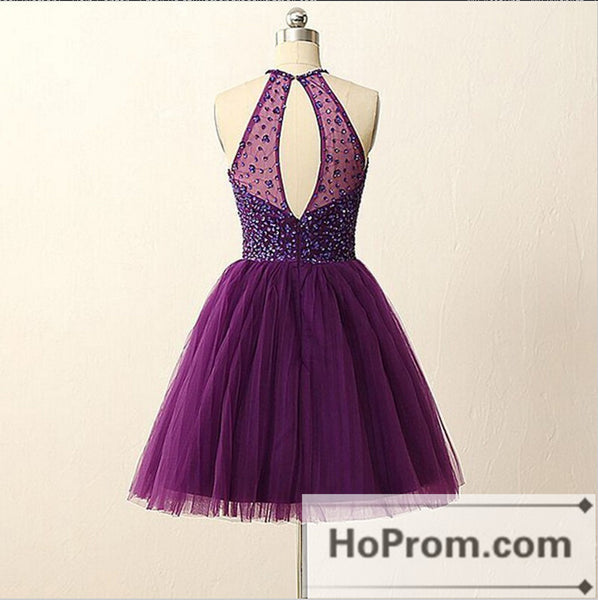 Halter Short Illusion Back Purple Prom Dresses Homecoming Dresses