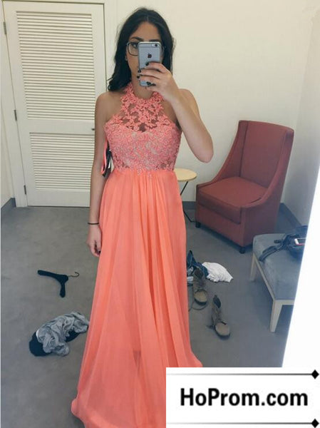 Lace A-Line Halter Chiffon Prom Dress Evening Dresses