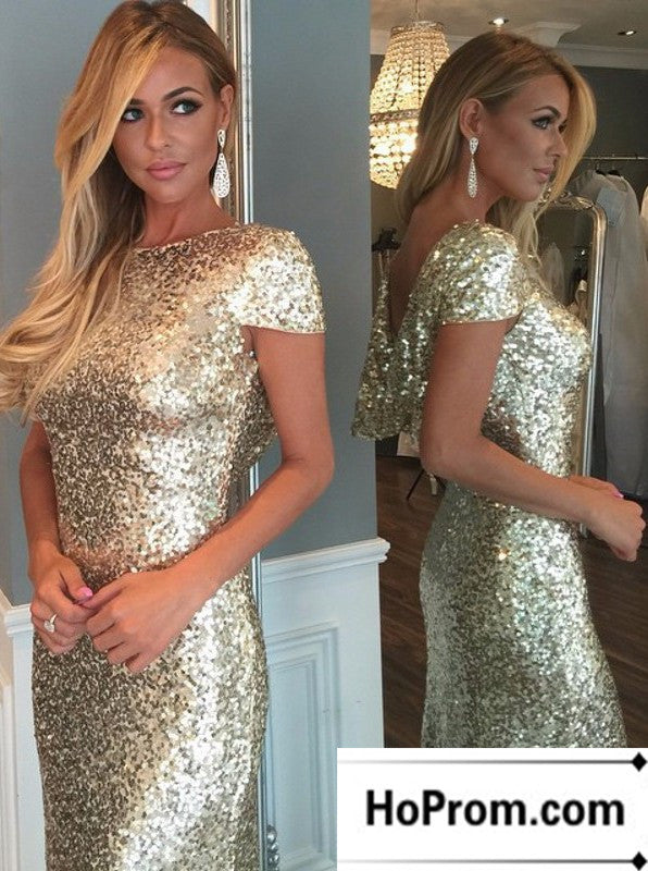Gold Sequins Cap Sleeves Prom Dress Evening Dresses