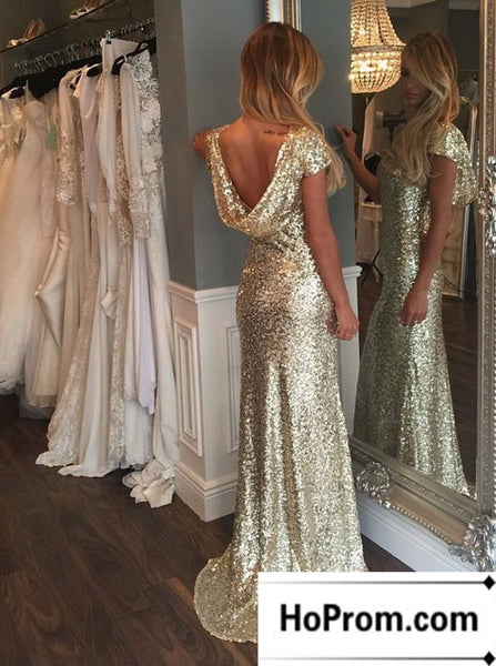 Gold Sequins Cap Sleeves Prom Dress Evening Dresses