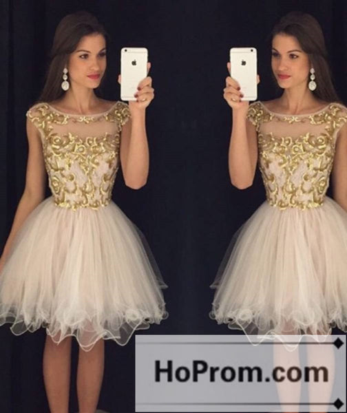 Gold Applique Short Tulle Prom Dresses Homecoming Dresses