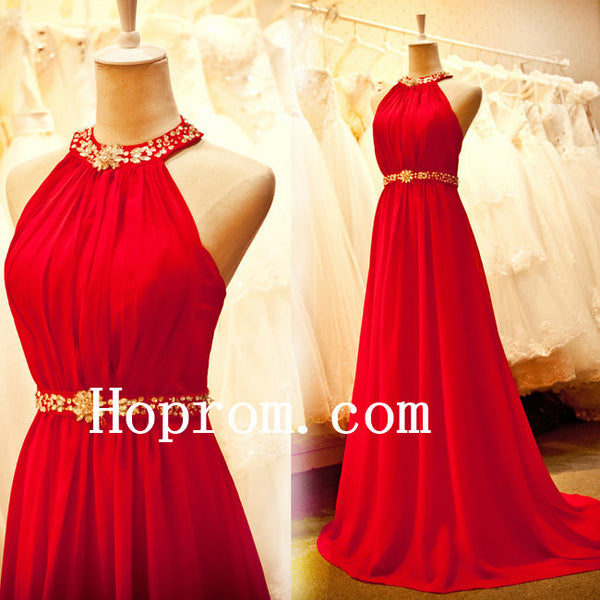 Halter A-Line Prom Dresses,Red Chiffon Prom Dress,Evening Dress