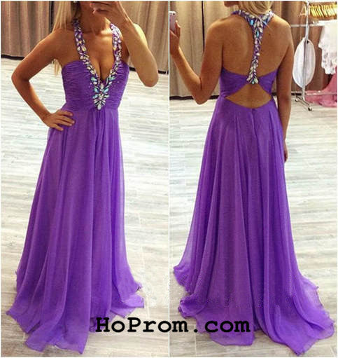 Purple Prom Dresses Chiffon Backless Prom Dresses Evening Gown