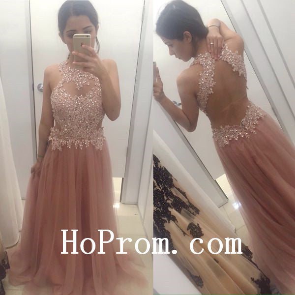 Pink Long Prom Dresses,Applique Prom Dress,Evening Dress