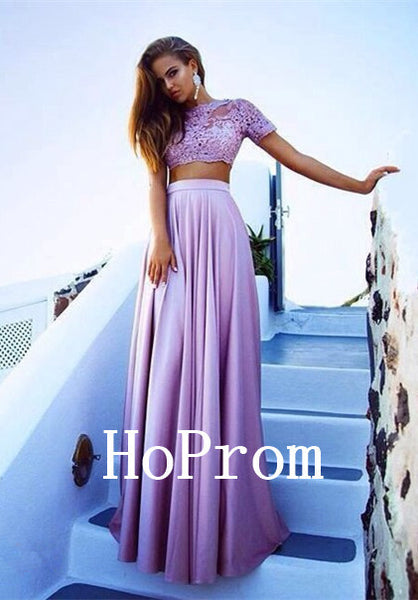 Short Sleeve Prom Dresses,Lace Chiffon Prom Dress,Evening Dress