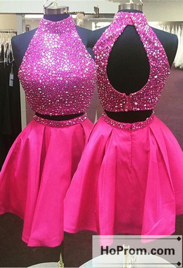 Two Piece Hot Pink Beading Prom Dresses Homecoming Dresses
