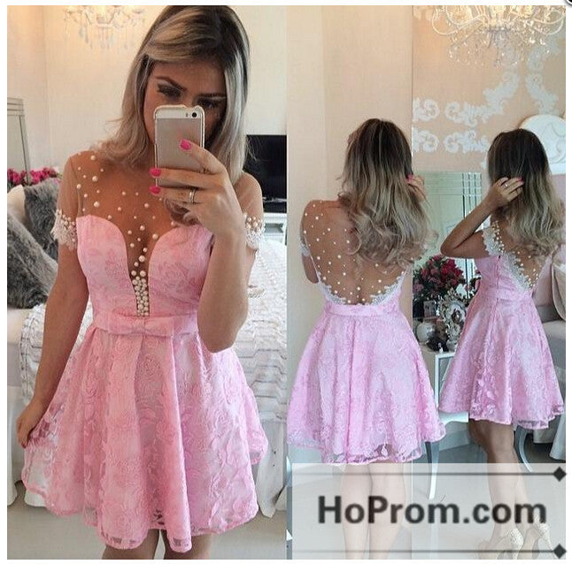Short Sleeve Pink Lace Prom Dresses Homecoming Dresses