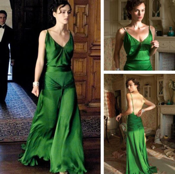 Keira Knightley V-neck Backless Green Dress Spaghetti Straps Prom Dress as Cecelia Tallis from Atonement