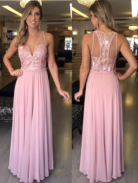 Long Chiffon Pink A-Line Prom Dresses Evening Dress